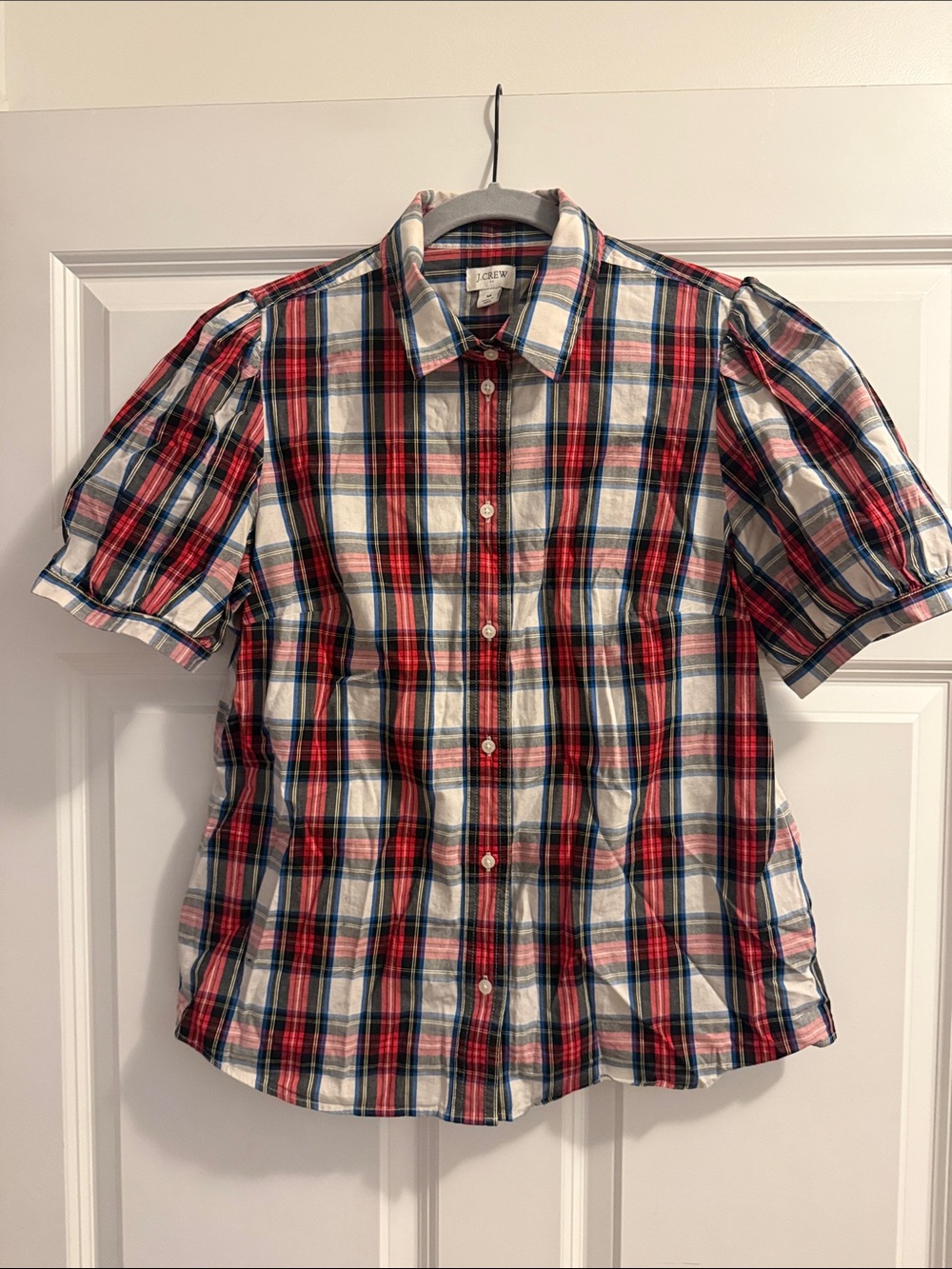 J. Crew Women's Red, White & Blue Plaid Short-Sleeve Button-Down